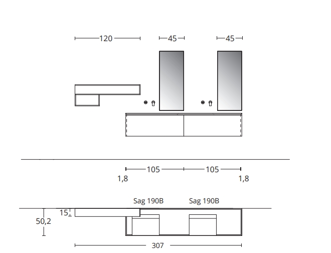 Комплект мебели BMT IKON  IK-02   3070х2000х502 мм, с тумбой, двойной раковиной, полкой и зеркалом, цвет Marrone Terra Opaco