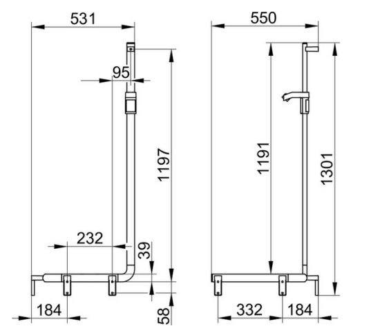 Поручень вдоль стены левый KEUCO AXESS 35008 016602 550/531/1301 мм, со штангой для душа, цвет Хром