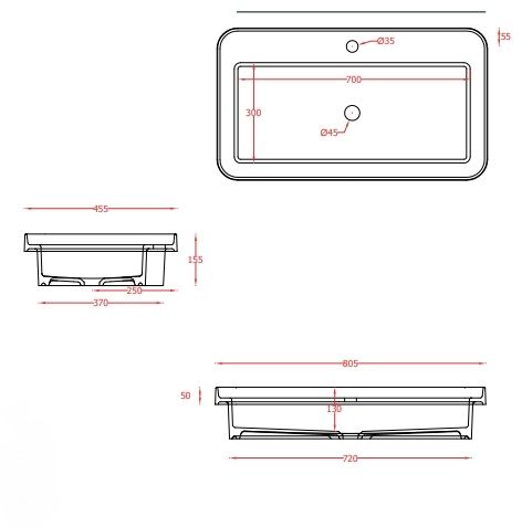 Раковина прямоугольная накладная/встраиваемая ARTCERAM FUORI SCALA TFL035 01 00  800 х450 мм, с 1 отверстием под смеситель, без перелива, белая глянцевая