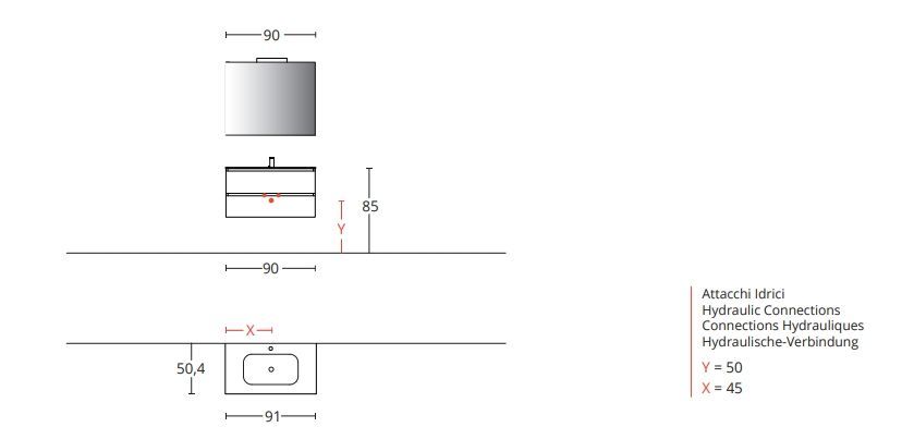 Тумба подвесная для раковины BMT Galaxy 937 106 LEF 01 294 900х486х500 мм, с 2 выдвижными ящиками, цвет Nespola/Titanio