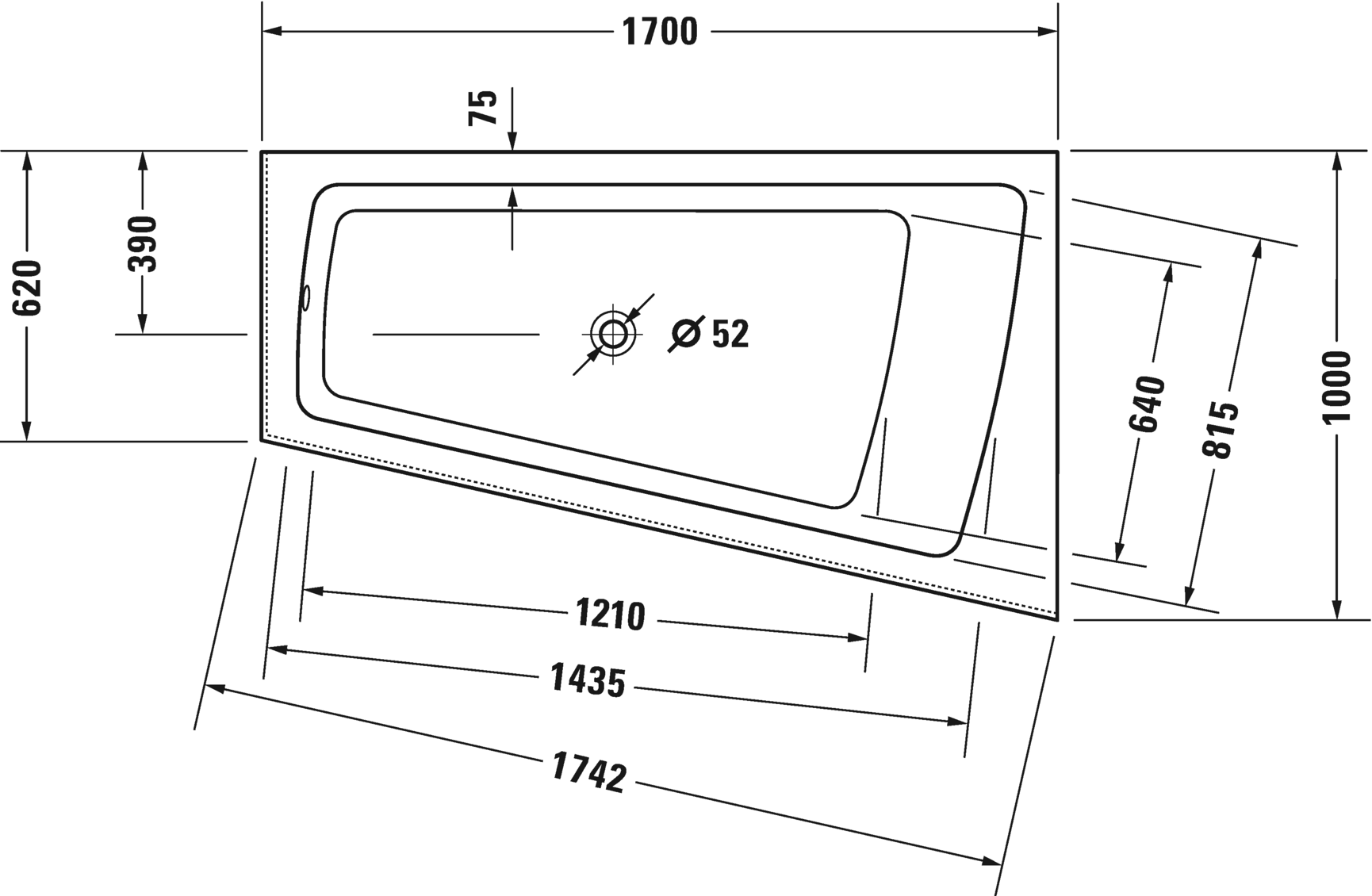 Акриловая ванна Duravit Paiova 700265000000000 1700 х 1000 c наклоном для спины справа, со встроенной акриловой фронтальной панелью и опорной рамой, угловая, белая