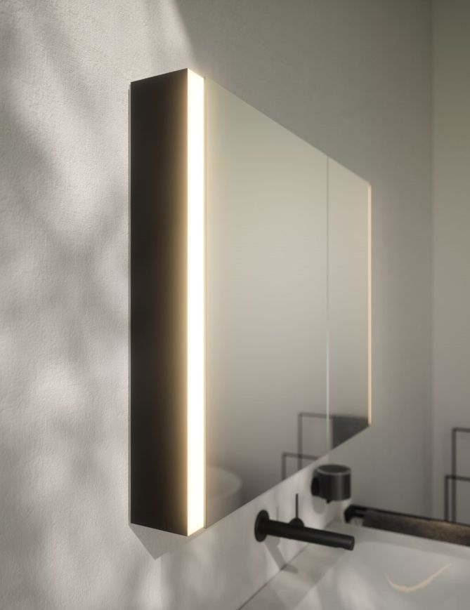 Зеркальный шкаф с подсветкой для настенного монтажа KEUCO Somaris 14502 372200 127 мм х 800 мм х 710 мм, с 2 поворотными ассиметричными дверцами, цвет корпуса Чёрный матовый