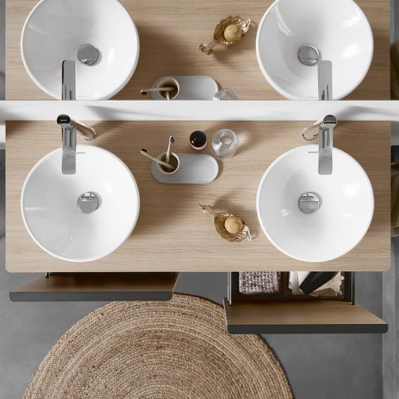 Тумба подвесная под две раковины DURAVIT D-Neo DE4950B5353 1400 мм х 550 мм, с 2 выдвижными ящиками и открытой полкой, каштан тёмный