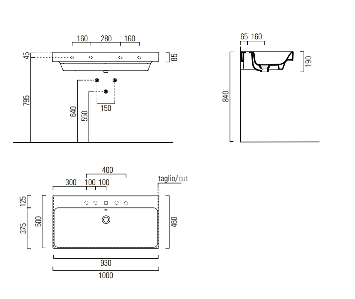 Раковина накладная/подвесная GSI NUBES 9623111 1000 мм х 500 мм, с отверстием под смеситель, с переливом, белая глянцевая
