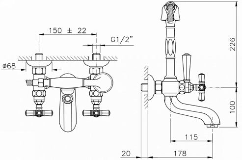 Смеситель для ванны NICOLAZZI TEIDE 1901CR45 с ручным душем и c крестообразными вентилями, хром