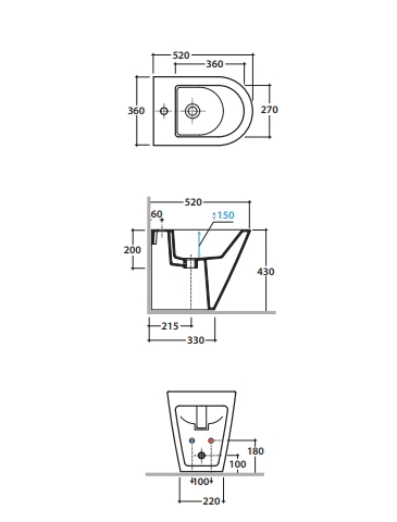 Биде напольное укороченное GLOBO FORTY3 FO010BI 360 мм х 520 мм, с отверстием под смеситель, с креплением, белый глянцевый