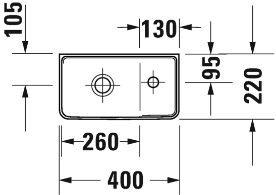 Раковина прямоугольная Duravit D-Neo 0739400041 400 мм х 200 мм, без перелива, с отверстием под смеситель справа, белая