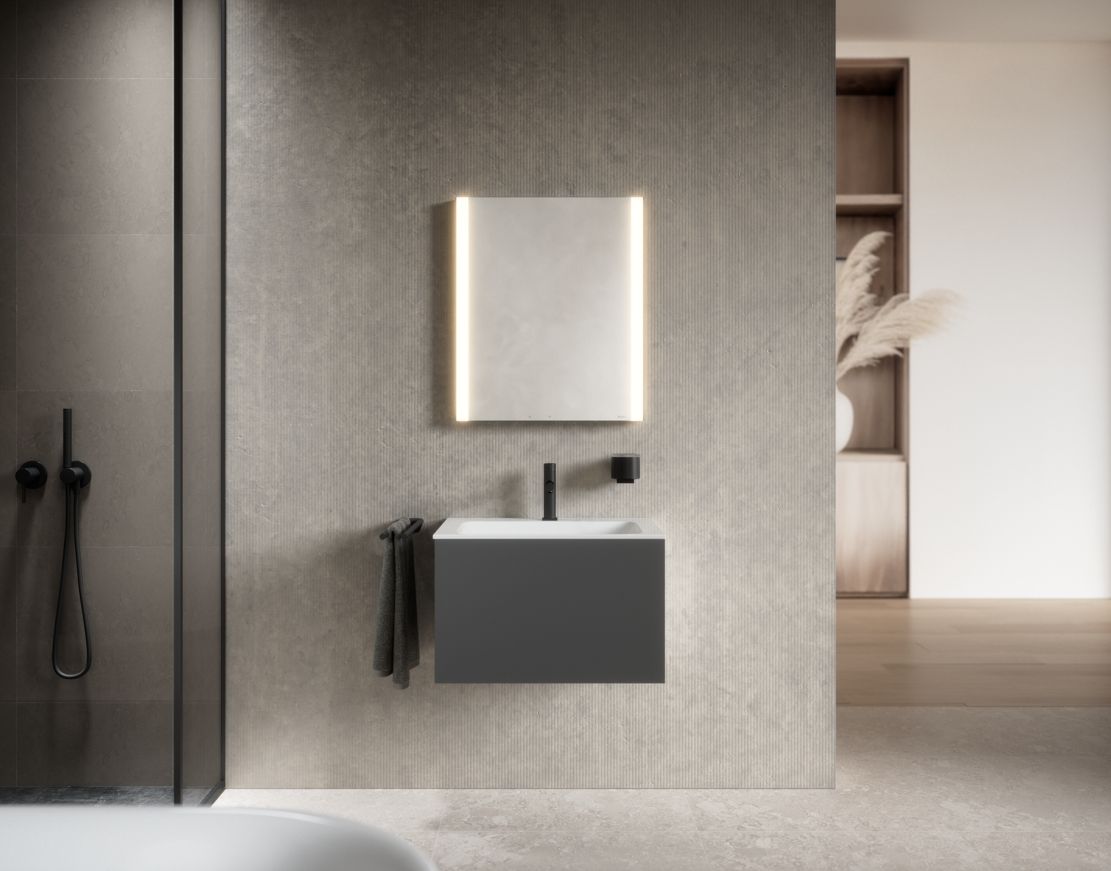 Левый зеркальный шкаф с подсветкой для встраиваемого монтажа KEUCO Somaris 14511 371200 115 мм х 600 мм х 710 мм, с 1 поворотной дверцей, цвет корпуса Чёрный матовый