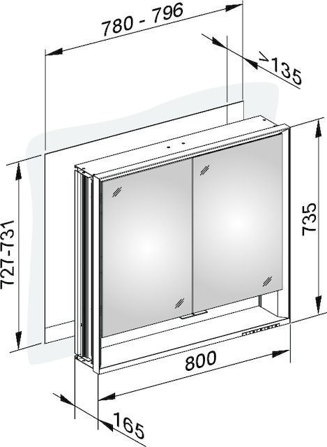 Зеркальный шкаф с подсветкой для встраиваемого монтажа KEUCO Royal Lumos 14312 171303 165х800х735 мм, 2 дверцы, DALI-управляемый, цвет Алюминий серебристый анодированный