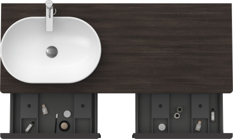 Тумба подвесная под раковину слева DURAVIT D-Neo DE4950L5353 1400 мм х 550 мм, с 2 выдвижными ящиками и открытой полкой, каштан тёмный