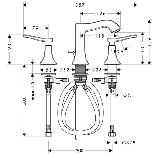 Смеситель для раковины на 3 отверстия Hansgrohe Metris Classic 31073000 Хром