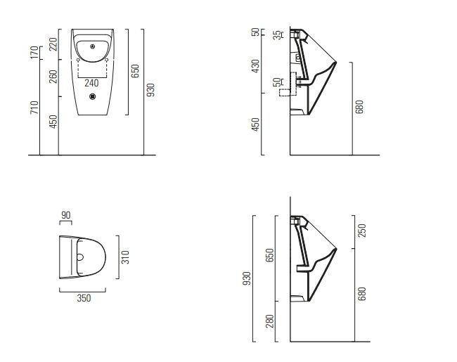Писсуар подвесной безободковый GSI COMMUNITY 909711 310 мм х 350 мм, для крепежа FISRО, белый глянцевый