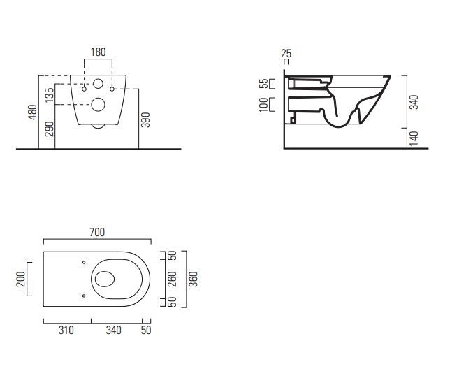 Унитаз подвесной безободковый для инвалидов GSI KUBE X 761511 370 мм х 700 мм, без крепления, белый глянцевый