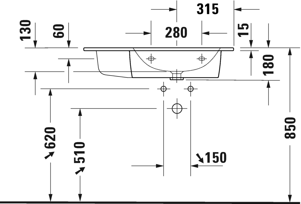 Раковина ассиметричная Duravit Me by Starck 234583 00 60 без отверстия под смеситель, с переливом, белая