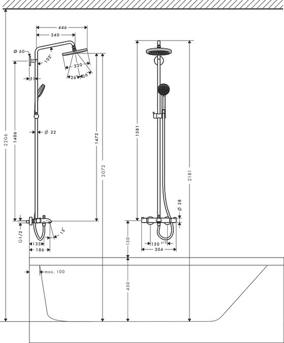 Душевой комплект Hansgrohe Croma 220 Showerpipe 27223000 с термостатом хром