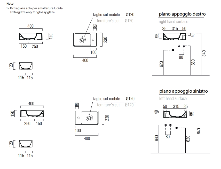 Раковина накладная/подвесная прямоугольная GSI KUBE X 9484108 400 мм х 230 мм, с отверстием под смеситель справа/слева, цвет Creta Matte