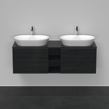 Тумба подвесная под две раковины DURAVIT D-Neo DE4950B1616 1400 мм х 550 мм, с 2 выдвижными ящиками и открытой полкой, чёрный дуб