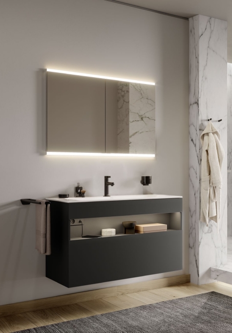 Тумба под раковину с освещением KEUCO STAGELINE 32872 300100 490 мм х 1000 мм х 625 мм, с 1 выдвижным ящиком, с сифоном, белый/белый