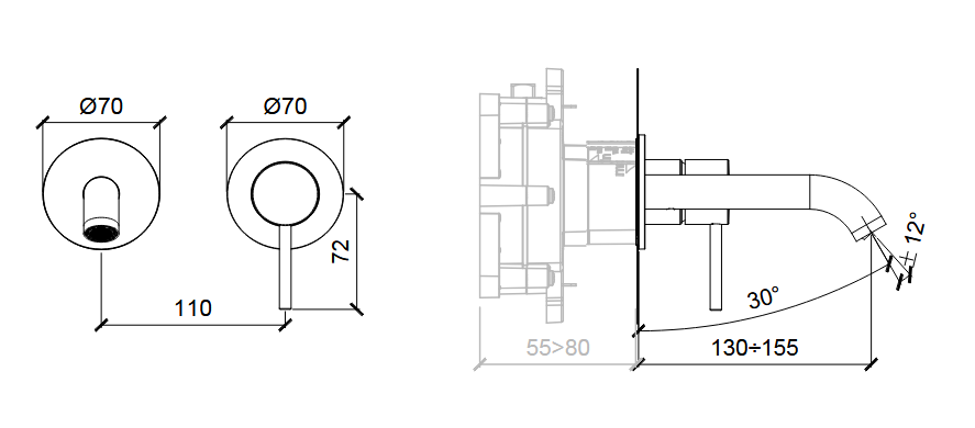 Внешняя часть смесителя из стены  для раковины ALMAR WASH BASIN E210053.NB излив 130-155 мм, цвет Nickel Brushed