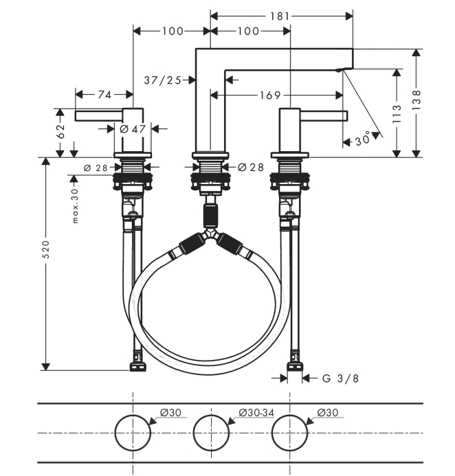 Смеситель для раковины на 3 отверстия Hansgrohe Finoris 76033000 110 мм, с клапаном push-open, цвет Хром