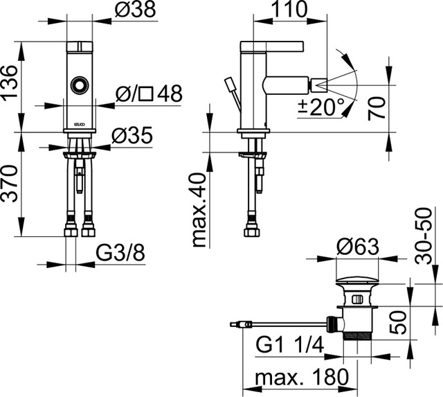 Смеситель однорычажный для биде KEUCO IXMO 59509 371000 с донным клапаном, чёрный матовый