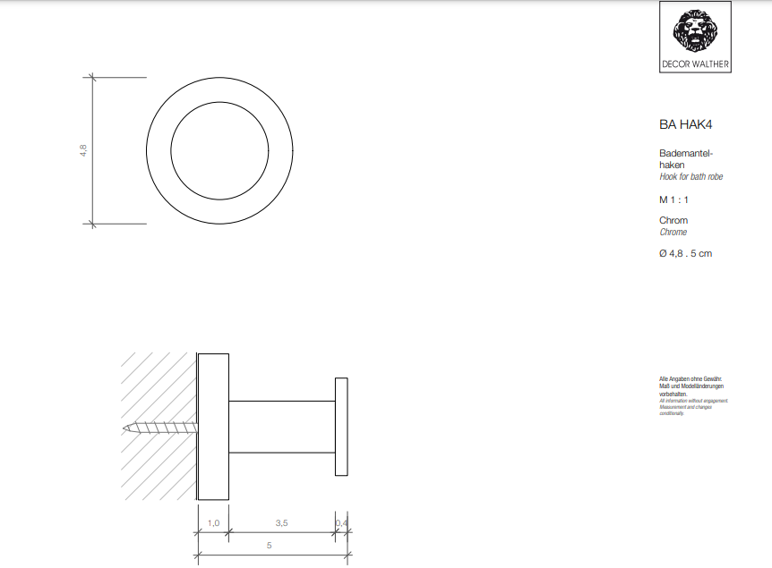Крючок для халата/полотенец  DECOR WALTHER  Basic BA HAK4   0530400   Ø 5 X 5 см, цвет: хром