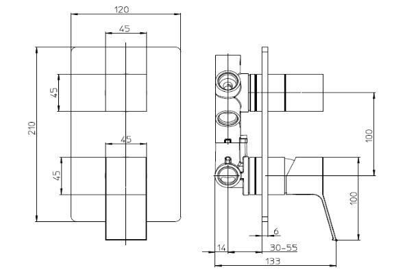 Внешняя часть однорычажного смесителя BOSSINI AKI Z00741.073 с дивертером на 2-5 выхода, цвет Чёрный матовый