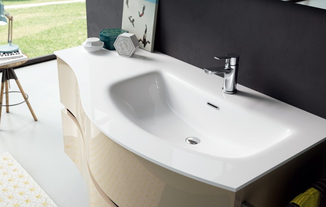 Тумба подвесная ассиметричная для раковины справа BMT MOON 932 106 MEF 020 D 50   1050х486х545 мм, c двумя выдвижными ящиками, белый глянцевый