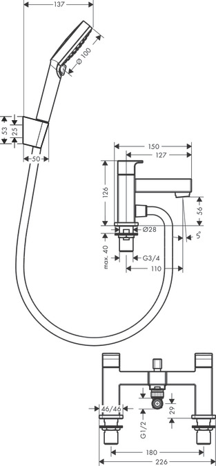 Смеситель на край ванны на 2 отверстия HANSGROHE Vernis Shape 71462000 с ручным душем, держателем и шлангом, хром