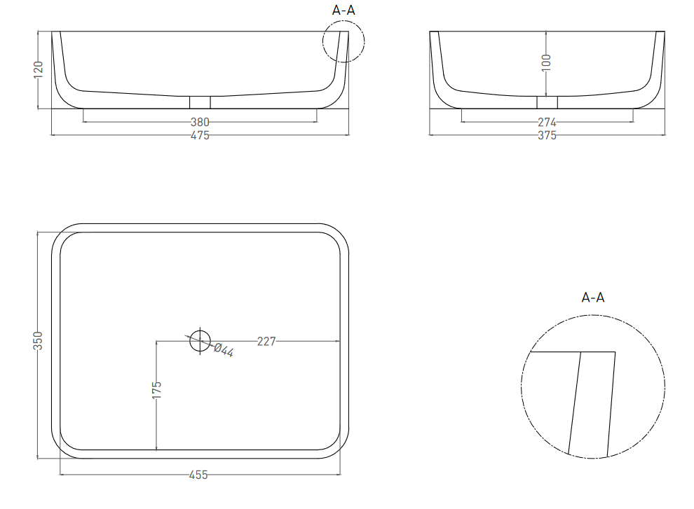 Раковина накладная прямоугольная SALINI GLORIA 09 1102209M 475х375х120мм, S-Stone, без донного клапана, цвет Белый матовый