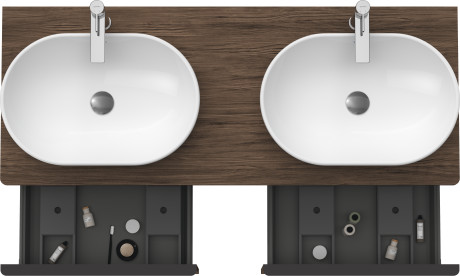 Тумба подвесная под две раковины DURAVIT D-Neo DE4950B2121 1400 мм х 550 мм, с 2 выдвижными ящиками и открытой полкой, орех тёмный