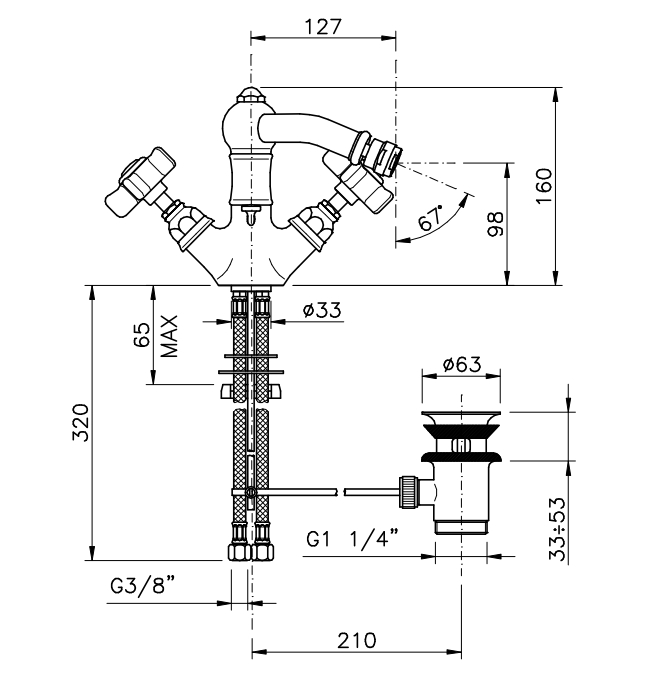 Смеситель двухвентильный для биде NICOLAZZI TRADIZIONALE 1434CR18 с вентилями DAMES ANGLAISES, хром