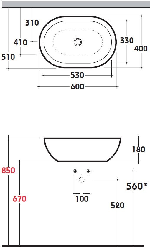 Раковина накладная GLOBO FORTY3 SC012BI 600 мм х 400 мм х 180 мм, без плоскости под смеситель, без перелива, цвет белый глянцевый