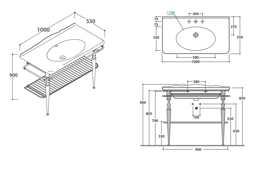 Напольная металлическая консоль для раковины GLOBO PAESTUM PATC23 530 мм х 1000 мм х 820 мм, хром