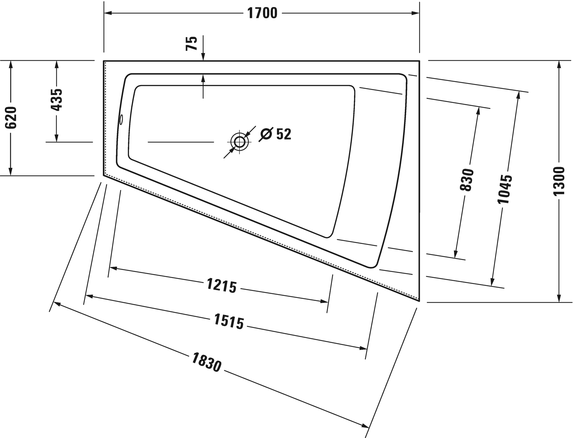 Акриловая ванна Duravit Paiova 700267000000000 1700 х 1300 c наклоном для спины справа, со встроенной акриловой фронтальной панелью и опорной рамой, угловая, белая