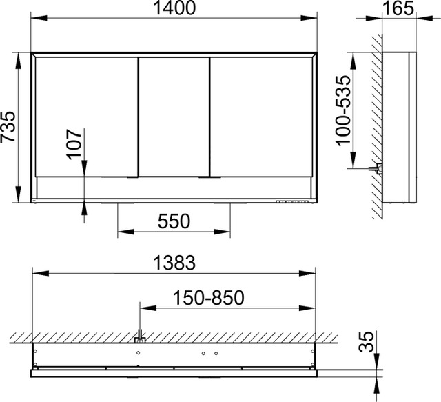 Зеркальный шкаф с подсветкой и подогревом для настенного монтажа KEUCO Royal Lumos 14306 171303 165х1400х735 мм, 3 дверцы, DALI-управляемый, цвет Алюминий серебристый анодированный/Белый