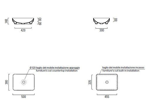Раковина накладная GSI PURA 884708 500 мм х 380 мм, без отверстия для смесителя, без перелива, цвет Creta Matte