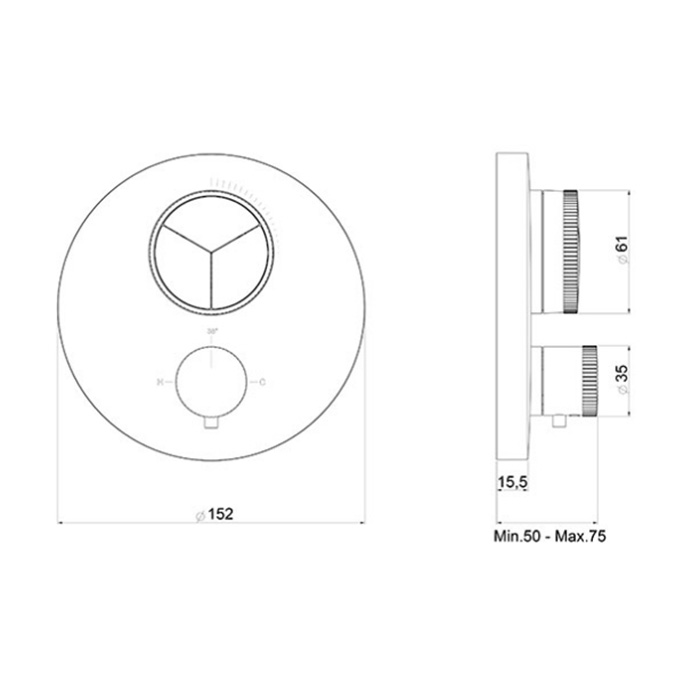 Внешняя часть круглого термостата для душа ALMAR Core E176633.MB на 3 выхода, цвет Чёрный матовый