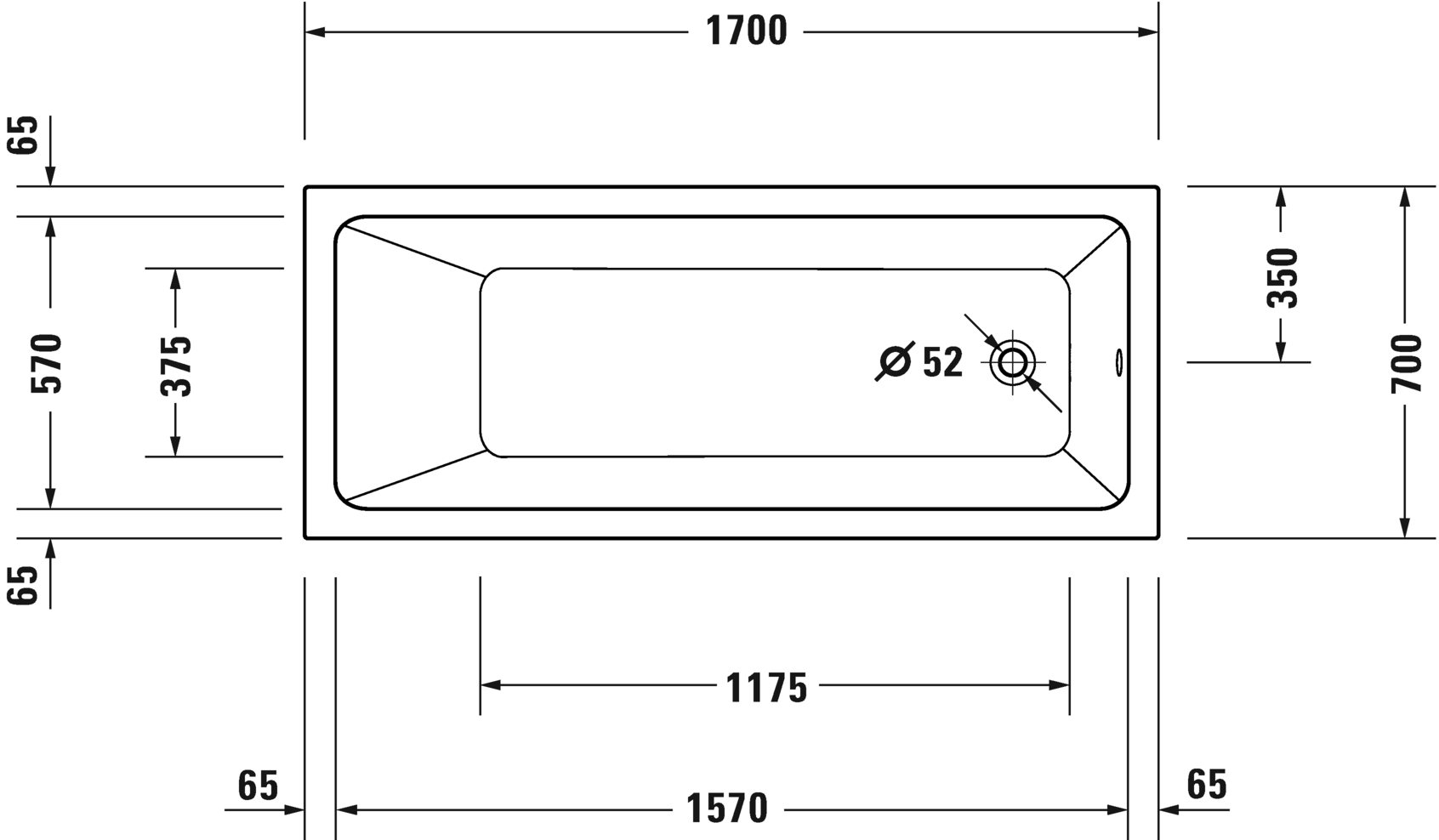 Ванна встраиваемая акриловая DURAVIT Duravit No.1 700489000000000 700 мм х 1700 мм х 420 мм, с наклонной спинкой, белая