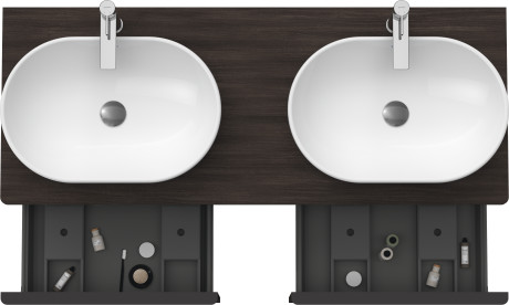 Тумба подвесная под две раковины DURAVIT D-Neo DE4950B5353 1400 мм х 550 мм, с 2 выдвижными ящиками и открытой полкой, каштан тёмный