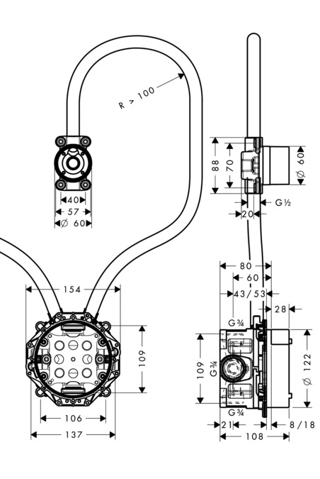 Скрытая часть электронного смесителя настенного монтажа AXOR Uno 16180180