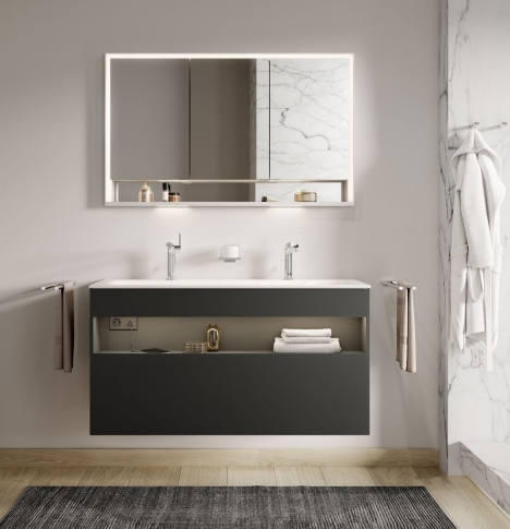 Тумба под раковину с освещением KEUCO STAGELINE 32872 290100 490 мм х 1000 мм х 625 мм, с 1 выдвижным ящиком, с сифоном, инокс матовый/инокс матовый