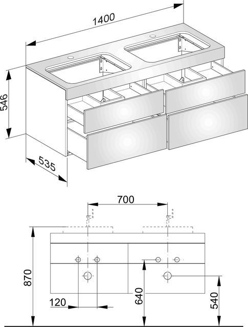 Тумба подвесная под две раковины KEUCO EDITION 400 31575 170100 с отверстием под смеситель, с четырьмя выдвижными фронтами, корпус структурный лак/фасад матовое стекло, трюфель