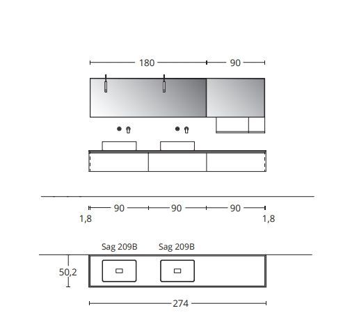 Комплект мебели BMT IKON  IK-11 2740х1850х502 мм,  c 3 тумбами, 2 раковинами, 2 полками и 2 зеркалами, цвет Anthracite Grey Ecomalta/Белый матовый