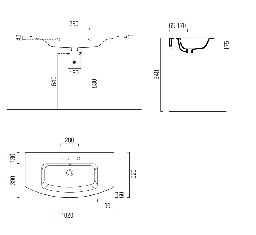 Раковина накладная/подевсная GSI PURA 8825111 1020 мм х 520 мм, с отверстием под смеситель, с переливом, белый глянцевый