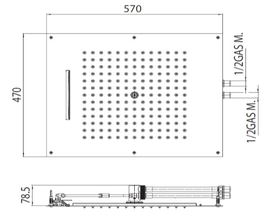 Потолочный прямоугольный верхний душ для подвесного потолка BOSSINI DREAM/2 H38925.073 570 мм х 470 мм, 2 режима, цвет Чёрный матовый