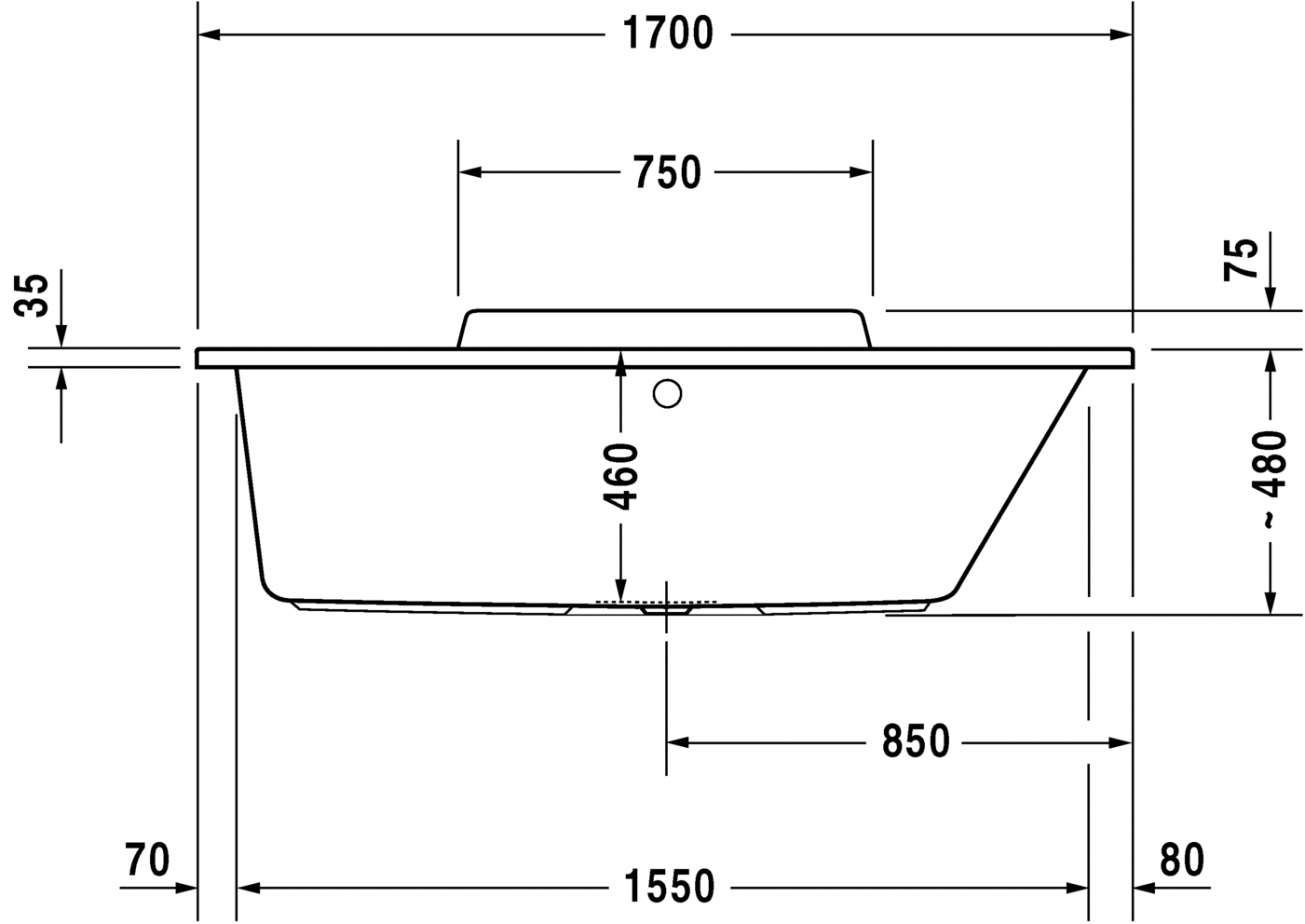 Акриловая ванна Duravit DuraStyle 700295000000000 1700 х 700 c наклоном для спины справа, встраиваемая или с панелями, белая