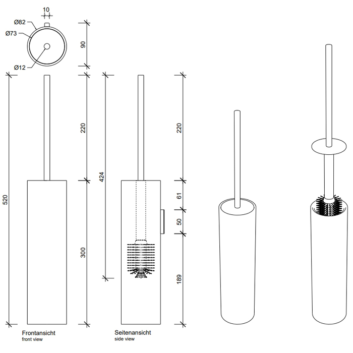 Ершик для унитаза подвесной, DECOR WALTHER  STONE WBG   0970955   52 X Ø 8,5 х9,5 см,  композит Solid Surface, белый матовый/сталь матовая
