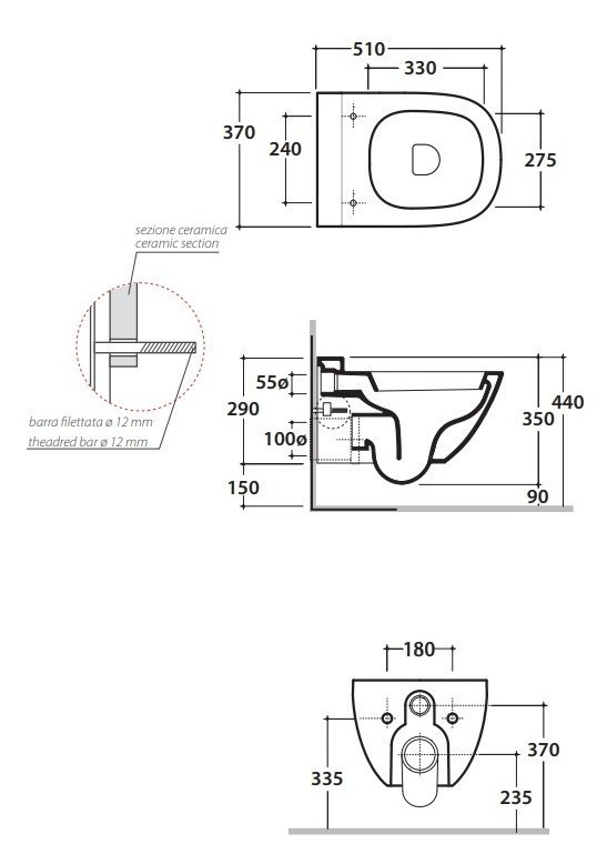 Унитаз подвесной GLOBO STOCKHOLM LAS03BI 370 мм х 510 мм, с креплением, белый глянцевый