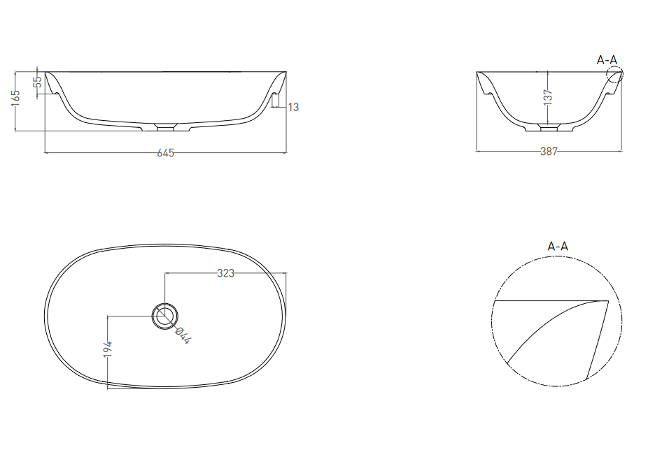 Раковина полувстраиваемая овальная SALINI MAREA 01 1802201M 645х387х165мм, S-Stone, без донного клапана, цвет Белый матовый